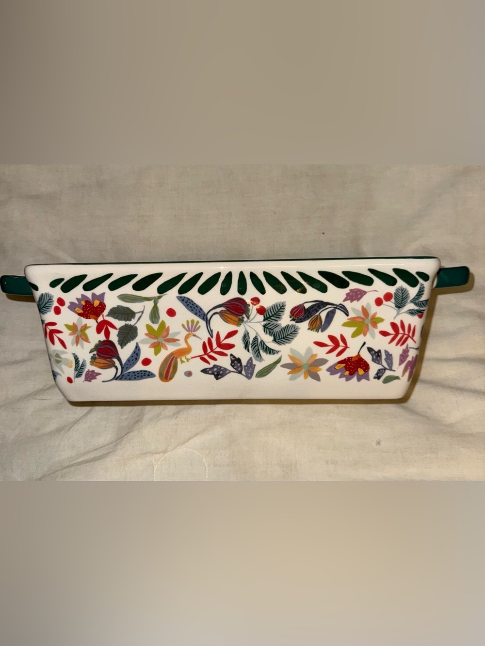 Anthropologie Aleena Loaf Pan with Multicolor Bird and Floral Pattern